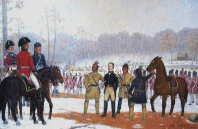 Painting by Hal Sherman of Englewood, Ohio depicting Winchester's surrender of the Kentucky Troops at River Raisin. The painting depicts Wyandot Chief Roundhead presenting General Winchester to Proctor.