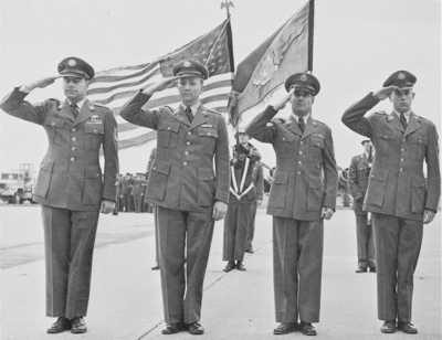 THREE WIN SOLDIERS MEDALS: Recognized for their gallantry in rescuing Puerto Rican soldiers from a civilian air crash at Standiford Field were (from left): MSgt Howard Curtis, TSgt Walter Carter, TSgt Charlie Simmons, and AIC Jessie Brown. Page 119 Mustangs to Phantoms.