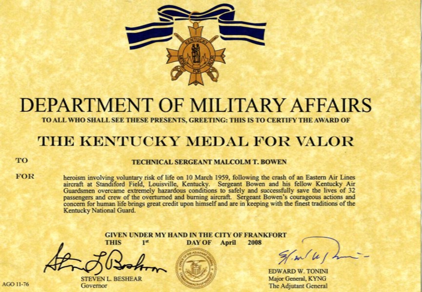 TSgt Malcom T Bowen Kentucky Medal for Valor Citation