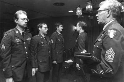 From left to right SGT Harmon Cross, SGT John Larka and SSG Hugh Ross receive the Kentucky Medal for Valor from MG Frymire, the Adjutant General. At right is State Command Sergeant Major Marion Williams.